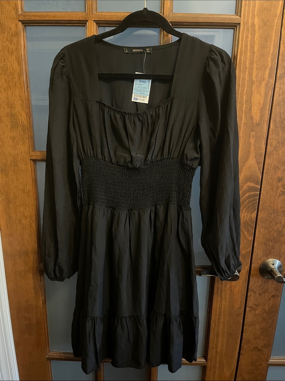 Reserved Black Long-Sleeve Smocked Waist Square Neck Dress